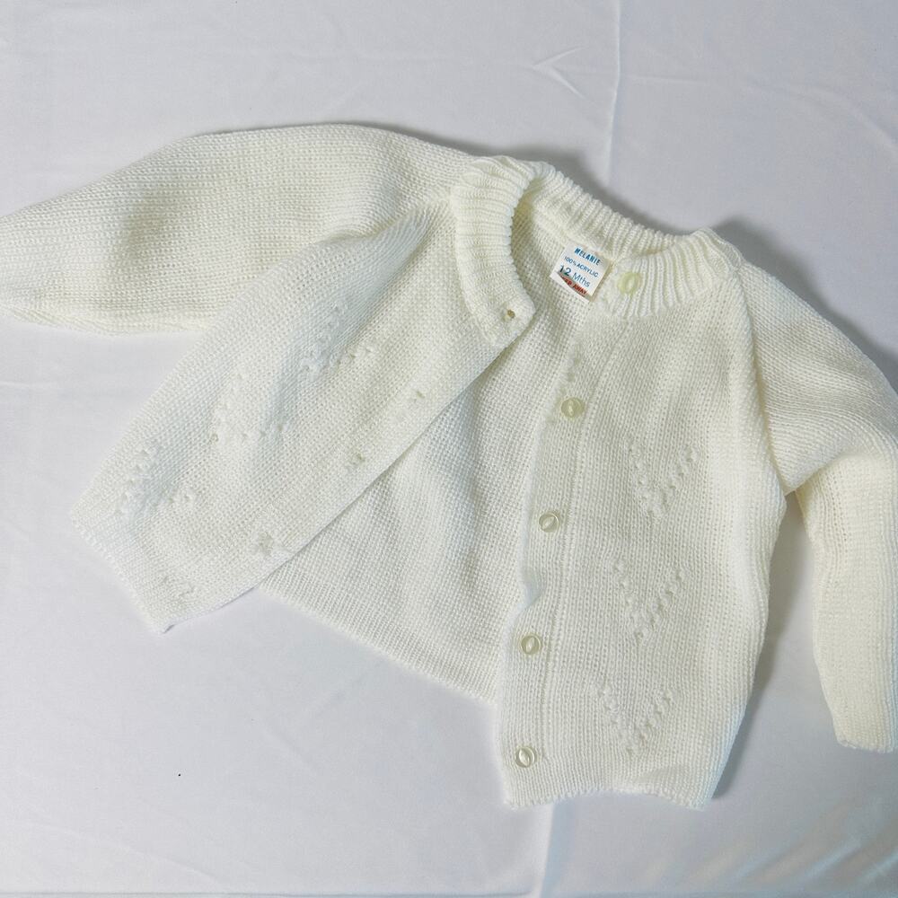 Vintage 70s Melanie White Eyelet Knit Button Up Cardigan Sz 12 mo